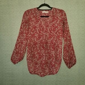 Lush V-Neck Floral Peasant Blouse Red Brick XS Balloon Sleeve‎ Top High-Low Hem